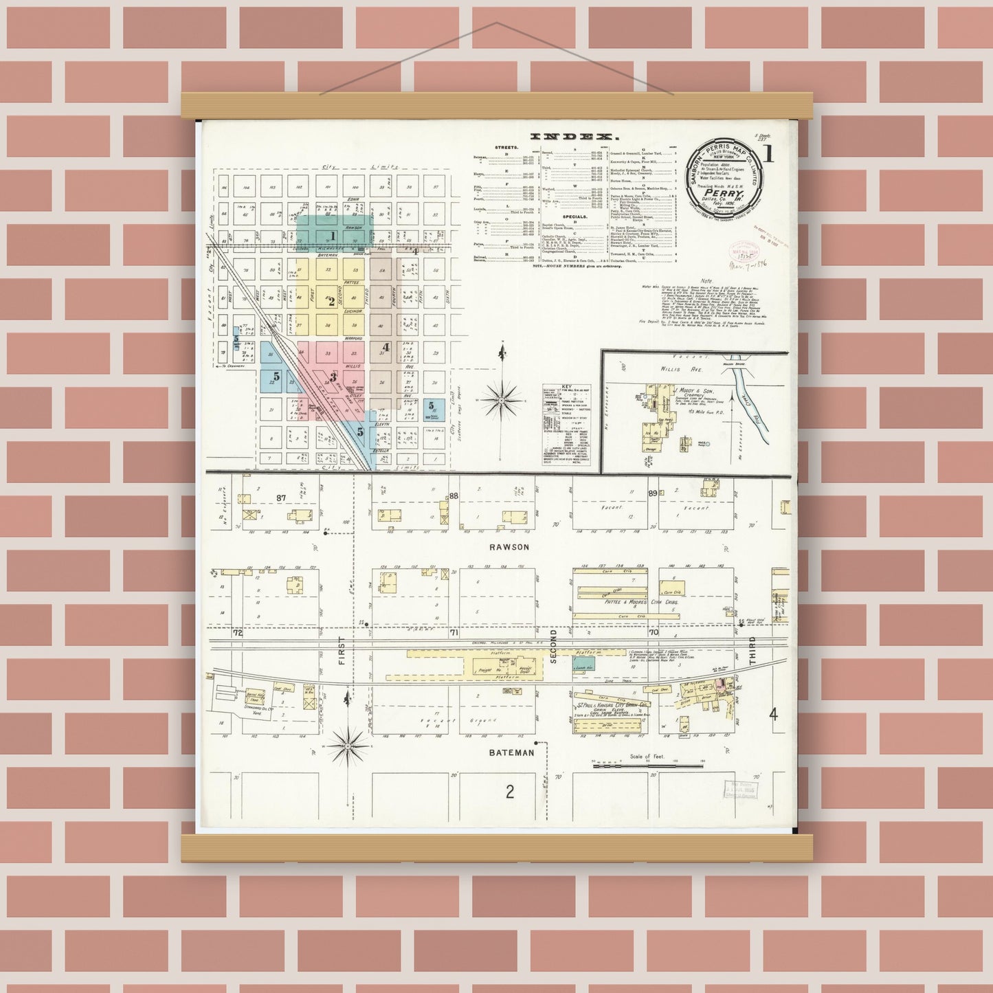 Old map wall art mockup — magnetic wood frame on brick wall — Sanborn Fire Insurance Map from Perry, Dallas County, Iowa (1896) â€” Complete Set