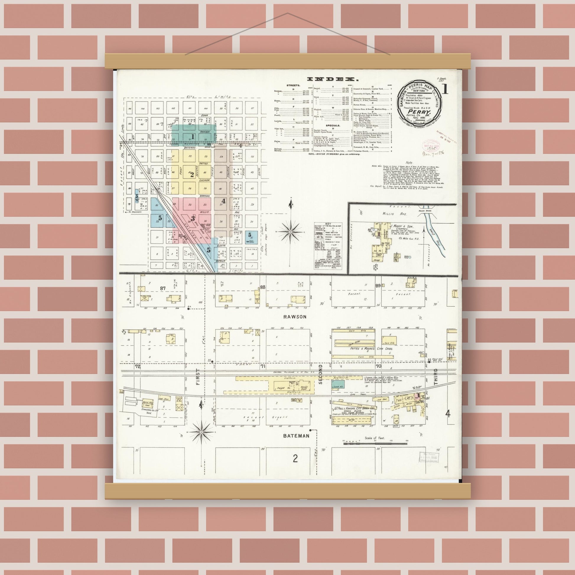 Old map wall art mockup — magnetic wood frame on brick wall — Sanborn Fire Insurance Map from Perry, Dallas County, Iowa (1896) â€” Complete Set