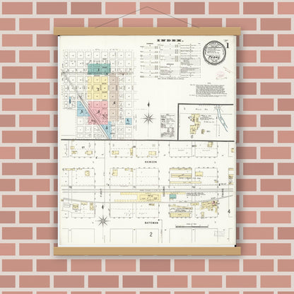 Old map wall art mockup — magnetic wood frame on brick wall — Sanborn Fire Insurance Map from Perry, Dallas County, Iowa (1896) â€” Complete Set