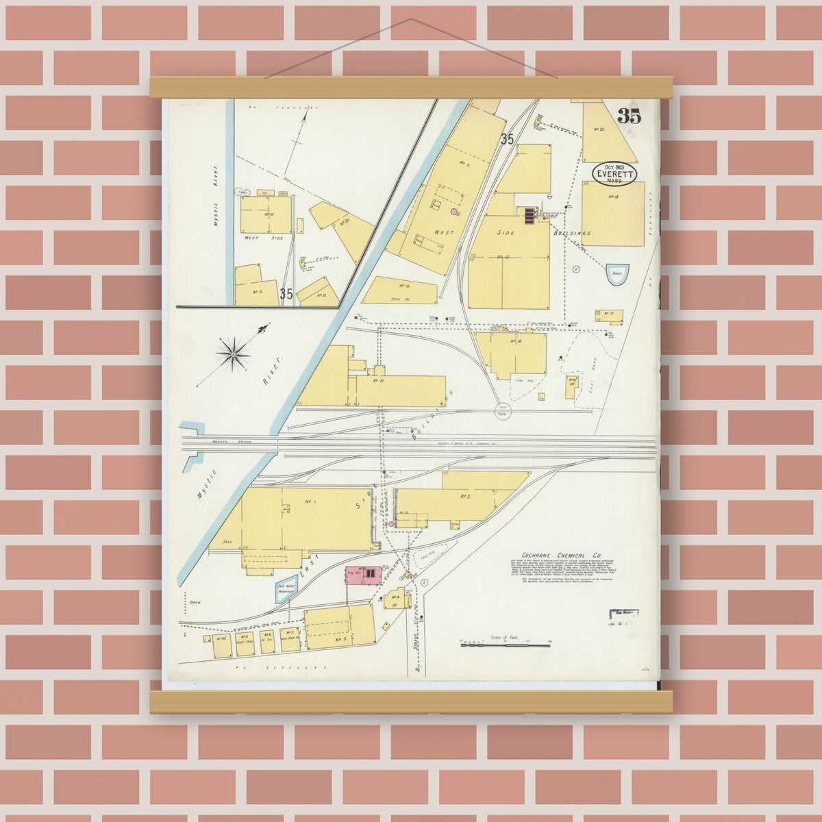 Old map wall art mockup — magnetic wood frame on brick wall — Sanborn Fire Insurance Map from Everett, Middlesex County, Massachusetts (1903), Sheet #0035