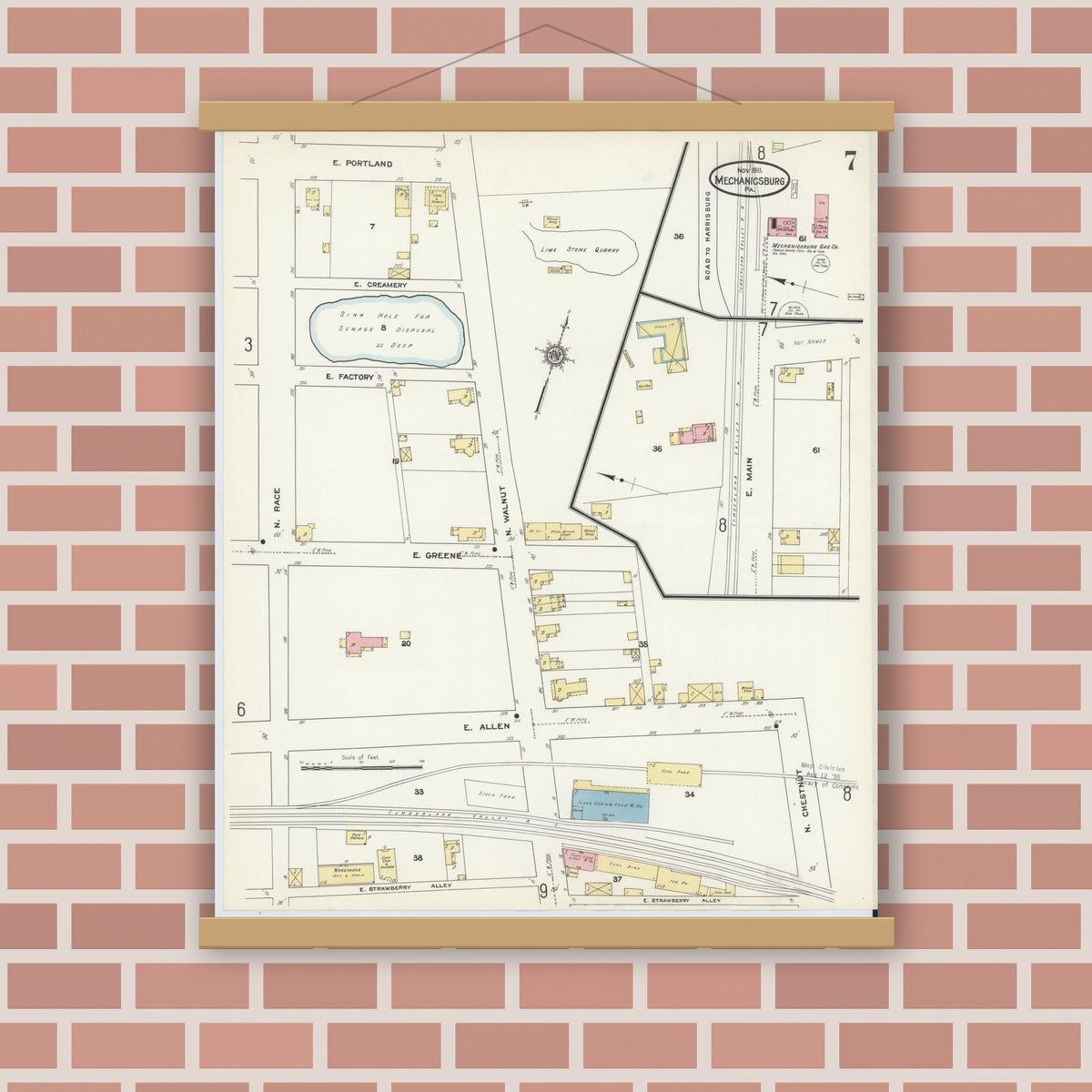 Old map wall art mockup — magnetic wood frame on brick wall — Sanborn Fire Insurance Map from Mechanicsburg, Cumberland County, Pennsylvania (1911), Sheet #0007
