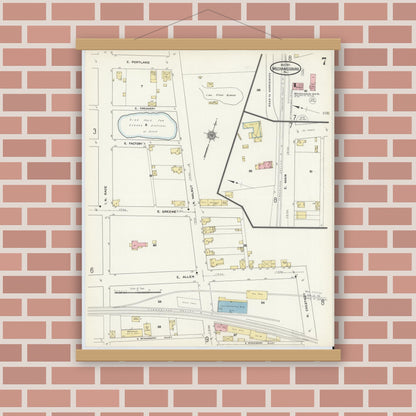 Old map wall art mockup — magnetic wood frame on brick wall — Sanborn Fire Insurance Map from Mechanicsburg, Cumberland County, Pennsylvania (1911), Sheet #0007