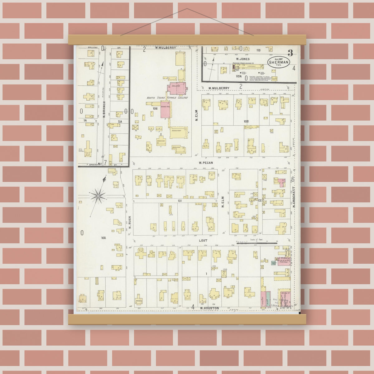 Old map wall art mockup — magnetic wood frame on brick wall — Sanborn Fire Insurance Map from Sherman, Grayson County, Texas (1897), Sheet #0003