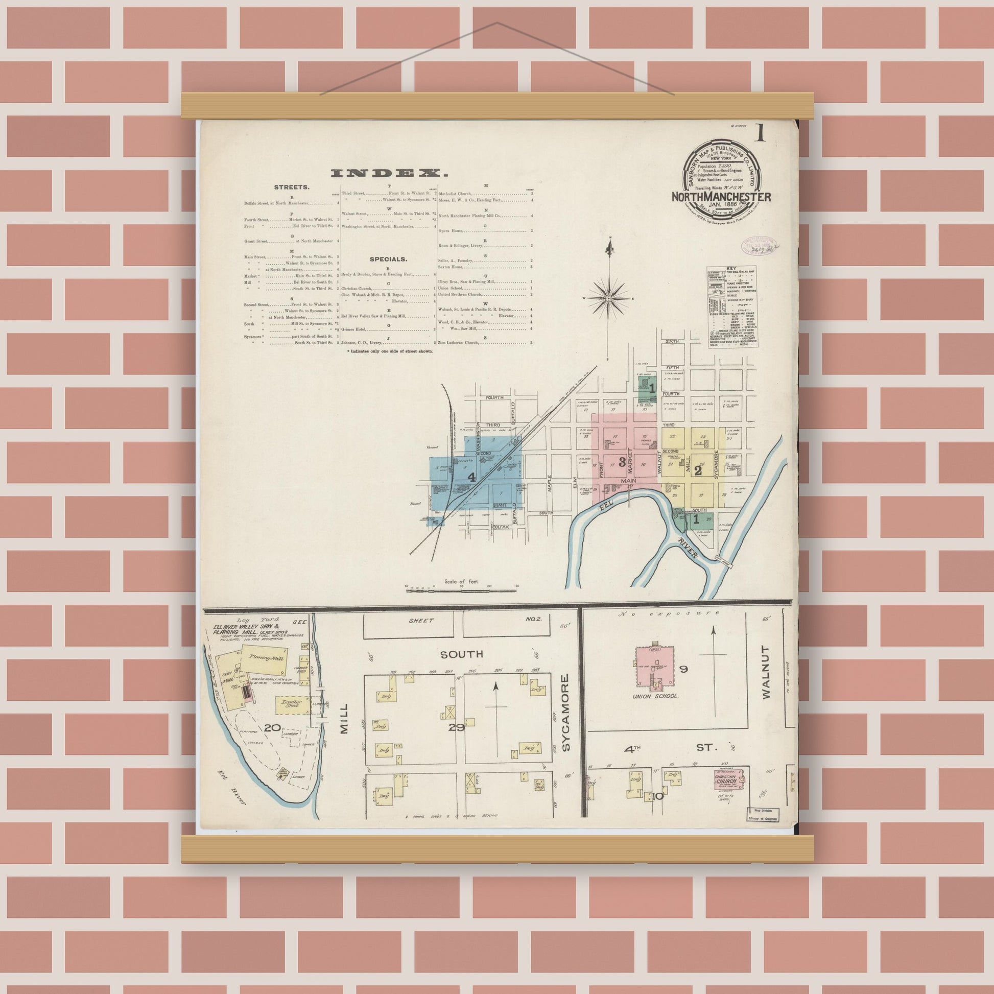 Old map wall art mockup — magnetic wood frame on brick wall — Sanborn Fire Insurance Map from North Manchester, Wabash County, Indiana (1886), Sheet #0001