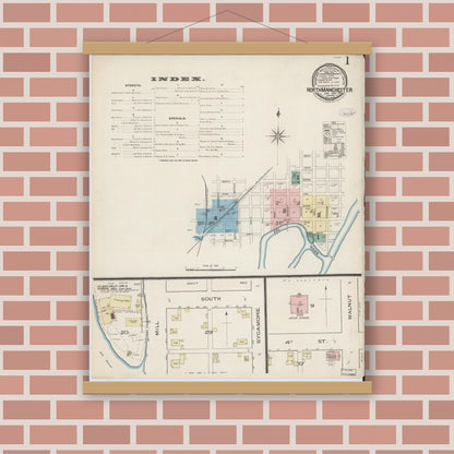 Old map wall art mockup — magnetic wood frame on brick wall — Sanborn Fire Insurance Map from North Manchester, Wabash County, Indiana (1886), Sheet #0001