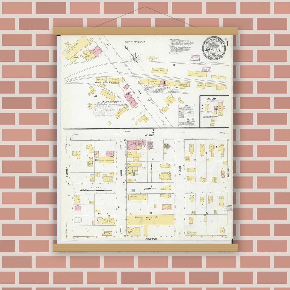 Old map wall art mockup — magnetic wood frame on brick wall — Sanborn Fire Insurance Map from Marlette, Sanilac County, Michigan (1909), Sheet #0001