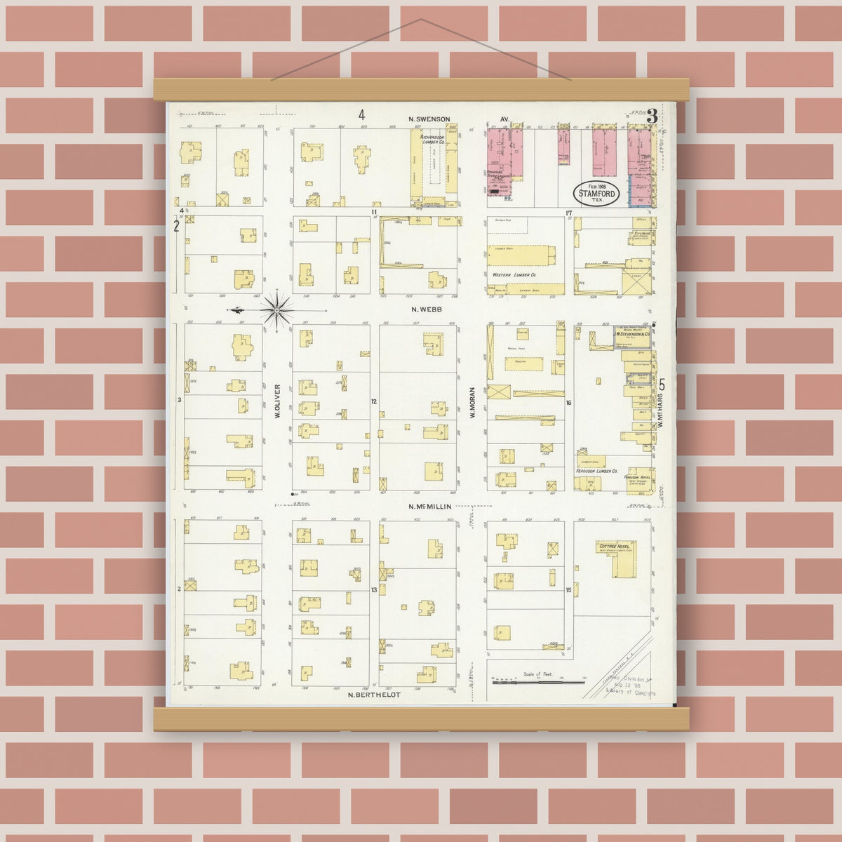 Old map wall art mockup — magnetic wood frame on brick wall — Sanborn Fire Insurance Map from Stamford, Jones County, Texas (1908), Sheet #0003