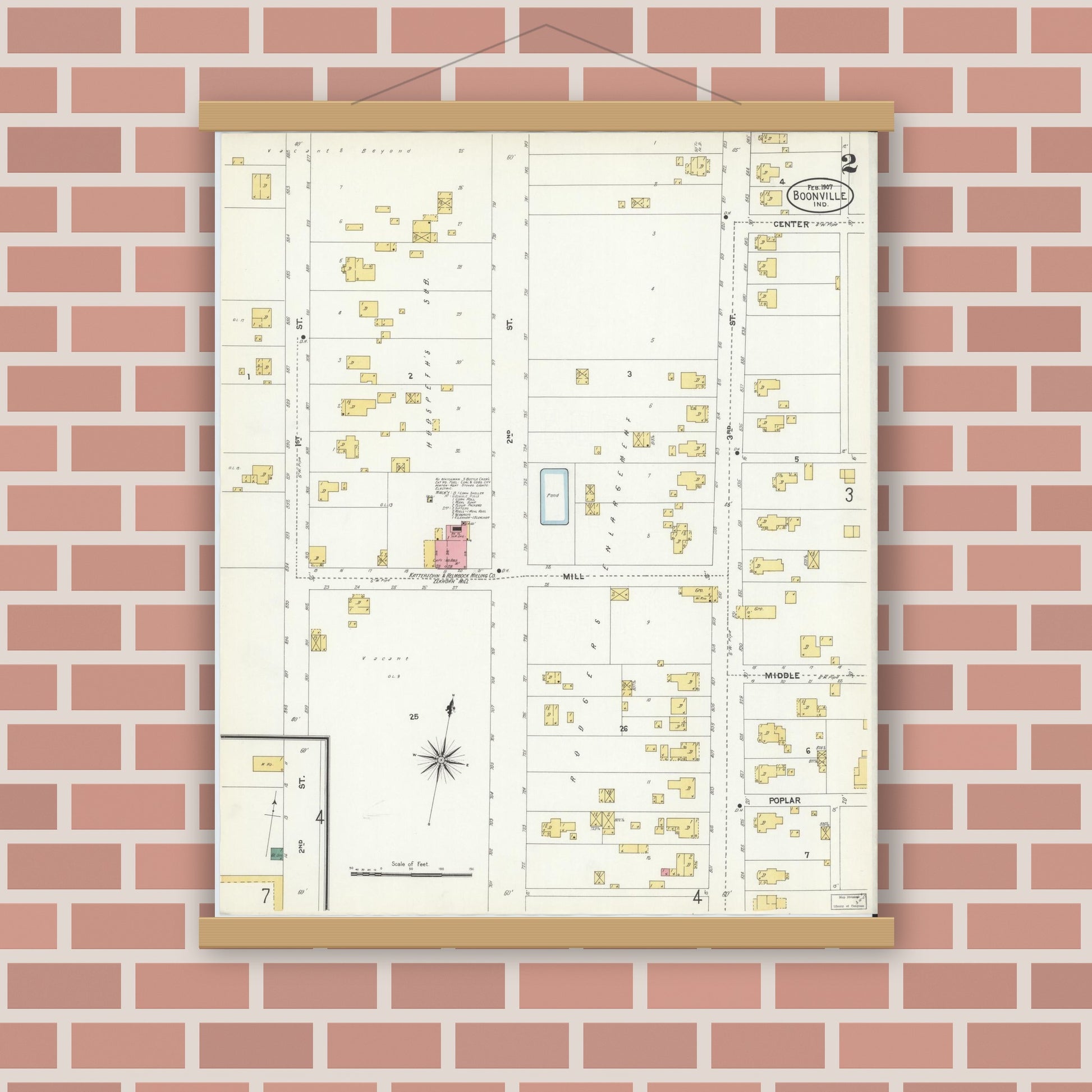 Old map wall art mockup — magnetic wood frame on brick wall — Sanborn Fire Insurance Map from Boonville, Warrick County, Indiana (1907), Sheet #0002