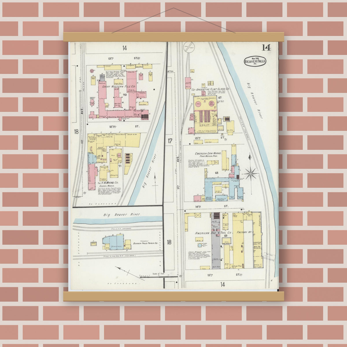 Old map wall art mockup — magnetic wood frame on brick wall — Sanborn Fire Insurance Map from Beaver Falls, Beaver County, Pennsylvania (1896), Sheet #0014