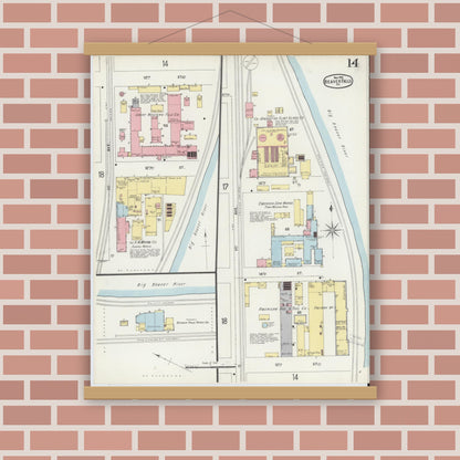 Old map wall art mockup — magnetic wood frame on brick wall — Sanborn Fire Insurance Map from Beaver Falls, Beaver County, Pennsylvania (1896), Sheet #0014
