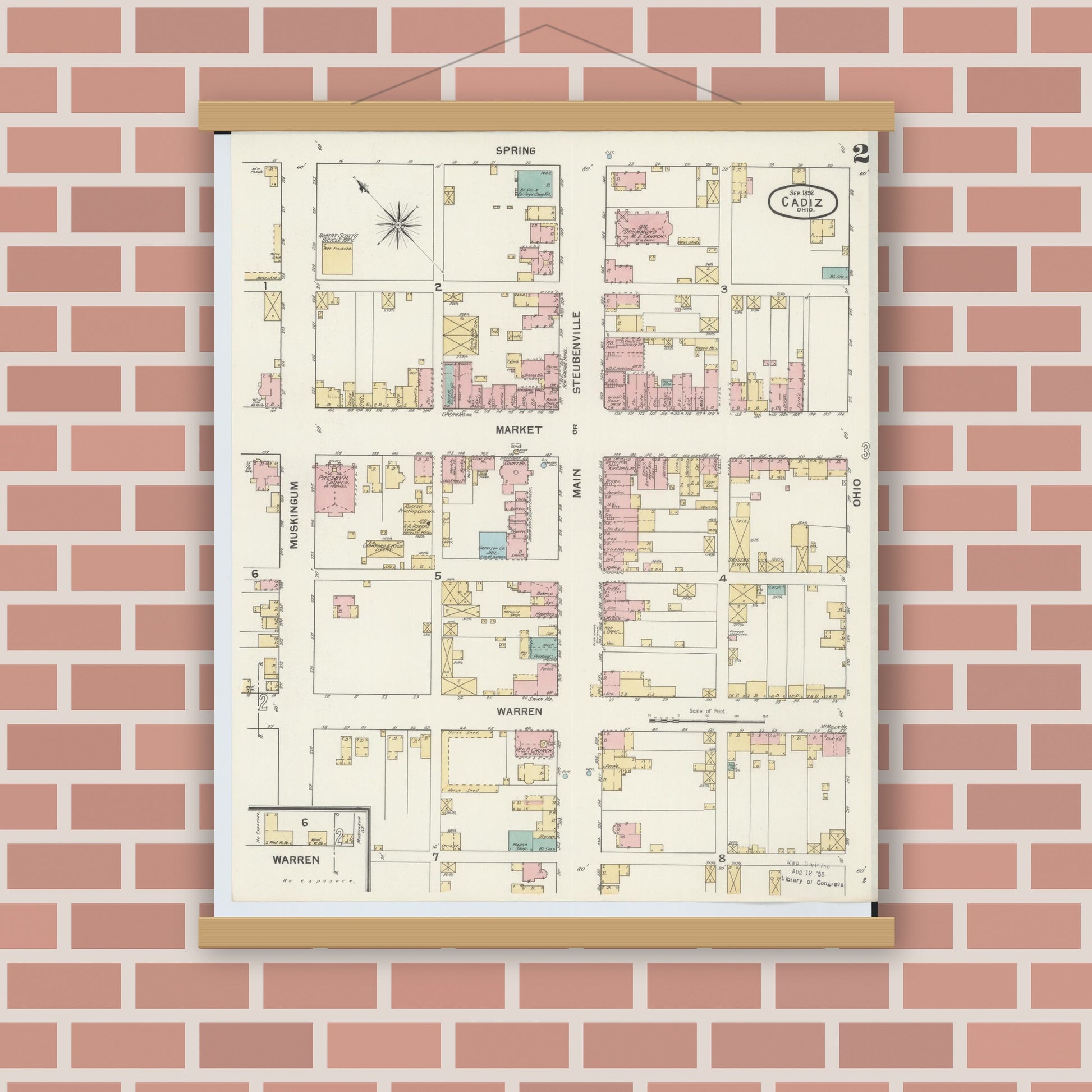 Old map wall art mockup — magnetic wood frame on brick wall — Sanborn Fire Insurance Map from Cadiz, Harrison County, Ohio (1892), Sheet #0002