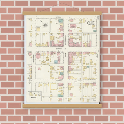 Old map wall art mockup — magnetic wood frame on brick wall — Sanborn Fire Insurance Map from Cadiz, Harrison County, Ohio (1892), Sheet #0002
