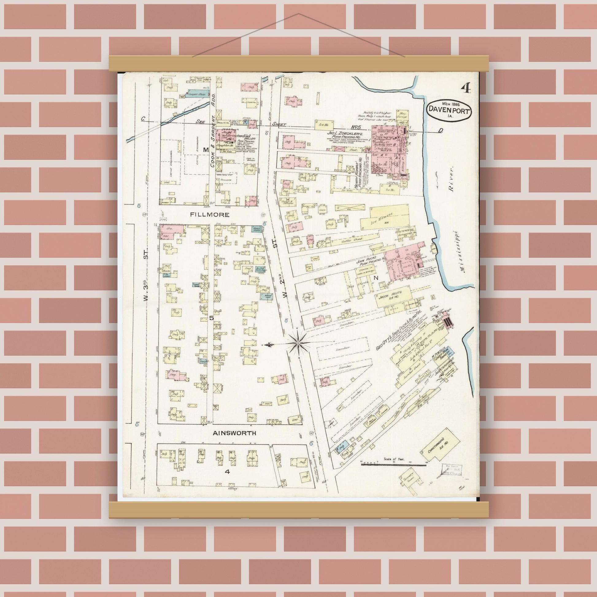 Old map wall art mockup — magnetic wood frame on brick wall — Sanborn Fire Insurance Map from Davenport, Scott County, Iowa (1886), Sheet #0004