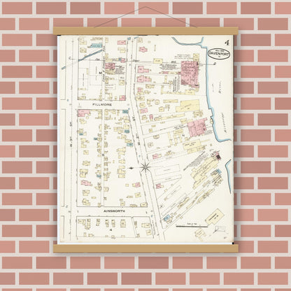 Old map wall art mockup — magnetic wood frame on brick wall — Sanborn Fire Insurance Map from Davenport, Scott County, Iowa (1886), Sheet #0004