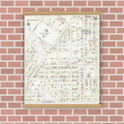 Old map wall art mockup — magnetic wood frame on brick wall — Sanborn Fire Insurance Map from Saint Charles, Saint Charles County, Missouri (1917), Sheet #0016