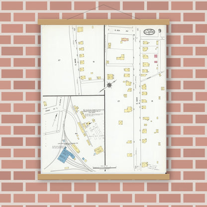 Old map wall art mockup — magnetic wood frame on brick wall — Sanborn Fire Insurance Map from Clarion, Clarion County, Pennsylvania (1919), Sheet #0009