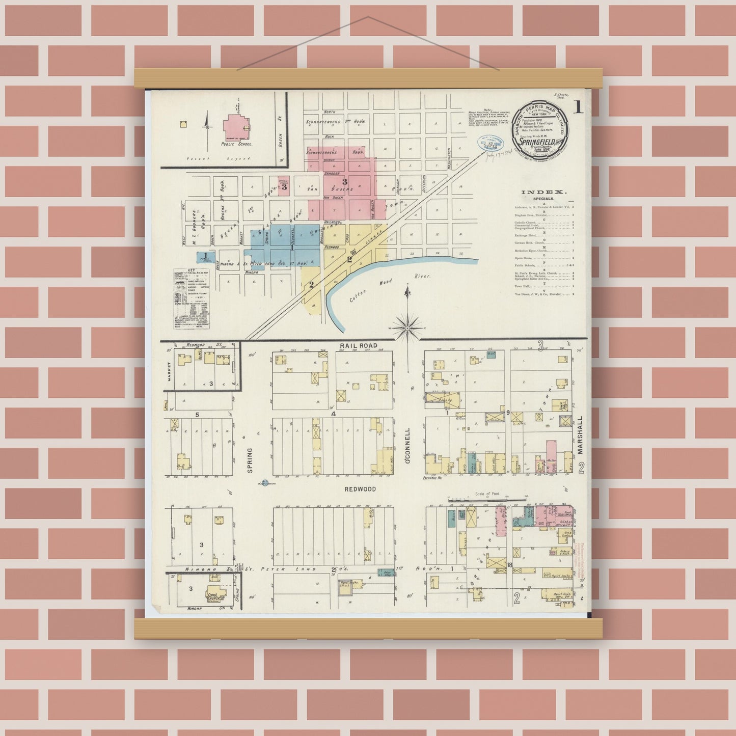 Old map wall art mockup — magnetic wood frame on brick wall — Sanborn Fire Insurance Map from Springfield, Brown County, Minnesota (1894) - Complete Map Set