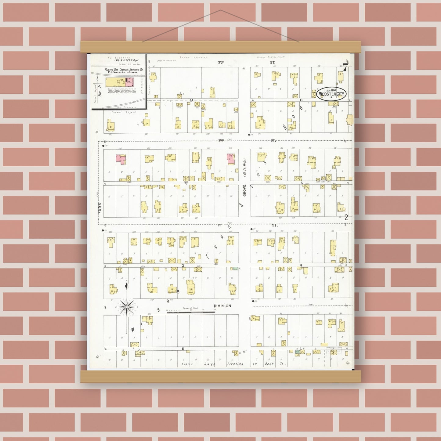 Old map wall art mockup — magnetic wood frame on brick wall — Sanborn Fire Insurance Map from Webster City, Hamilton County, Iowa (1900), Sheet #0007