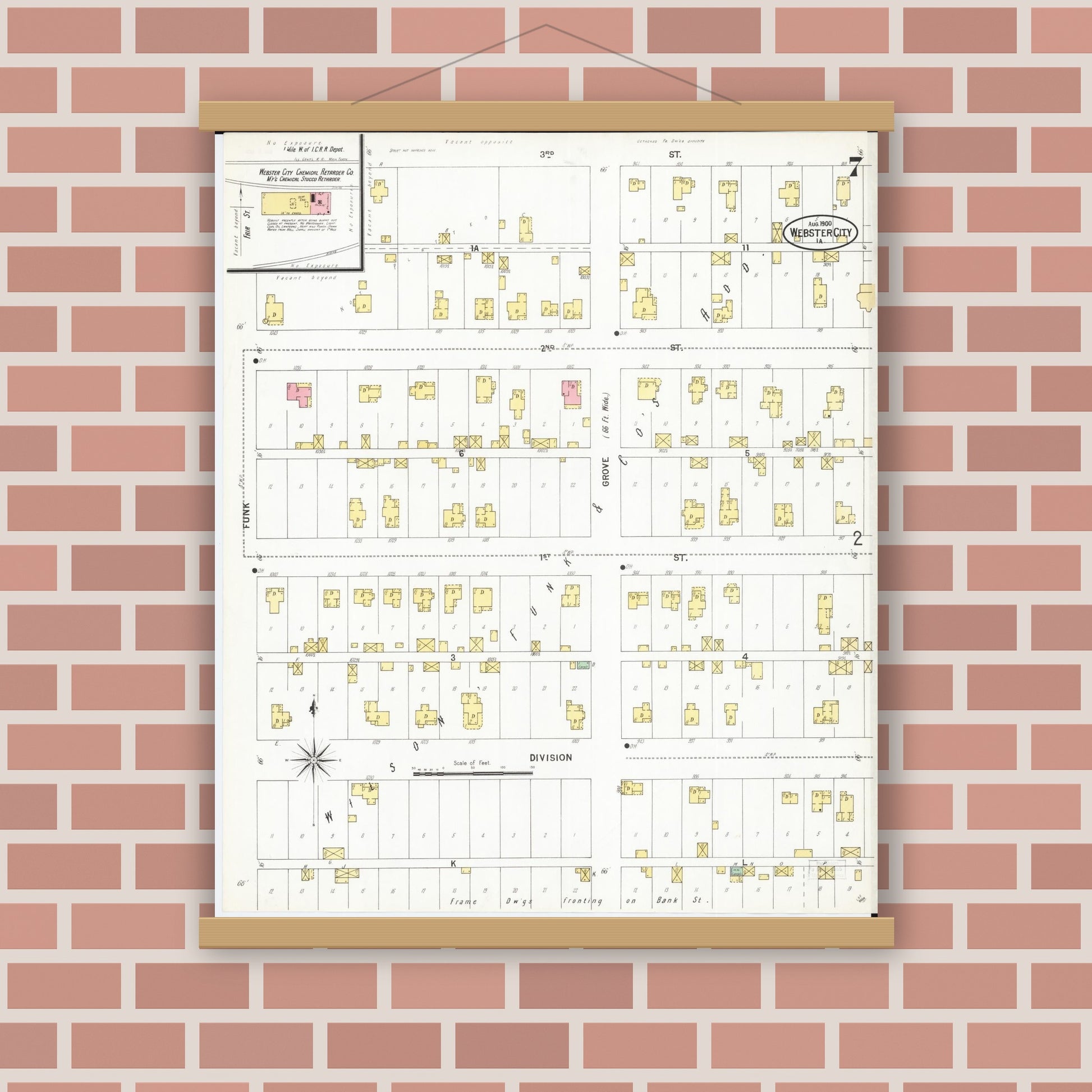 Old map wall art mockup — magnetic wood frame on brick wall — Sanborn Fire Insurance Map from Webster City, Hamilton County, Iowa (1900), Sheet #0007