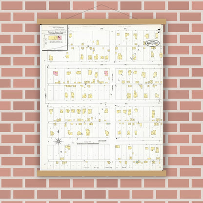 Old map wall art mockup — magnetic wood frame on brick wall — Sanborn Fire Insurance Map from Webster City, Hamilton County, Iowa (1900), Sheet #0007