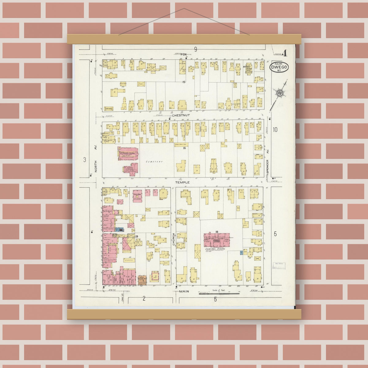 Old map wall art mockup — magnetic wood frame on brick wall — Sanborn Fire Insurance Map from Owego, Tioga County, New York (1915), Sheet #0004