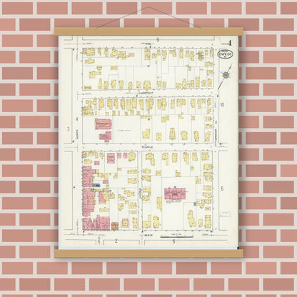 Old map wall art mockup — magnetic wood frame on brick wall — Sanborn Fire Insurance Map from Owego, Tioga County, New York (1915), Sheet #0004