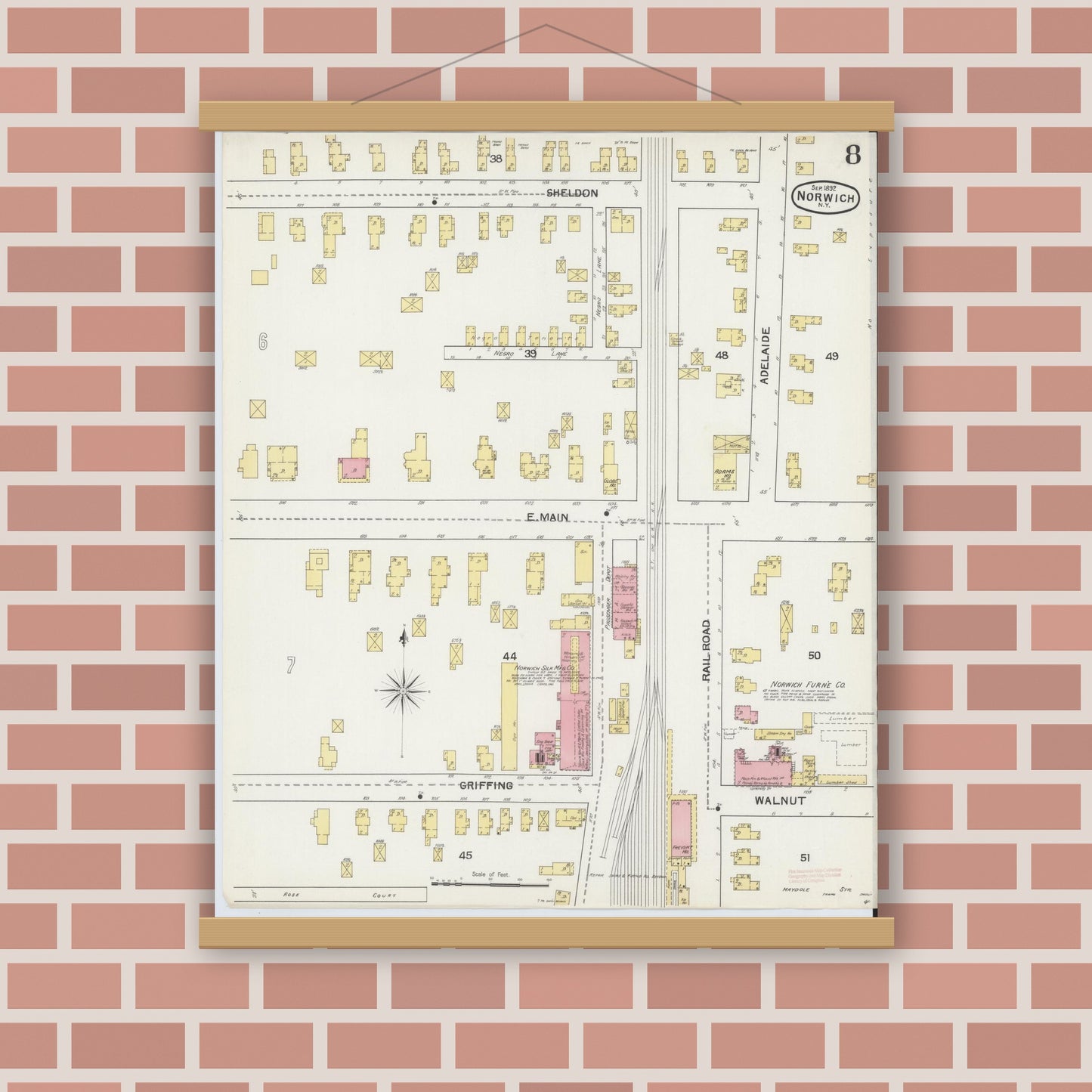 Old map wall art mockup — magnetic wood frame on brick wall — Sanborn Fire Insurance Map from Norwich, Chenango County, New York (1892), Sheet #0008