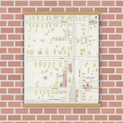 Old map wall art mockup — magnetic wood frame on brick wall — Sanborn Fire Insurance Map from Norwich, Chenango County, New York (1892), Sheet #0008