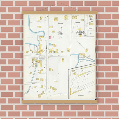Old map wall art mockup — magnetic wood frame on brick wall — Sanborn Fire Insurance Map from North Attleborough, Bristol County, Massachusetts (1904), Sheet #0014