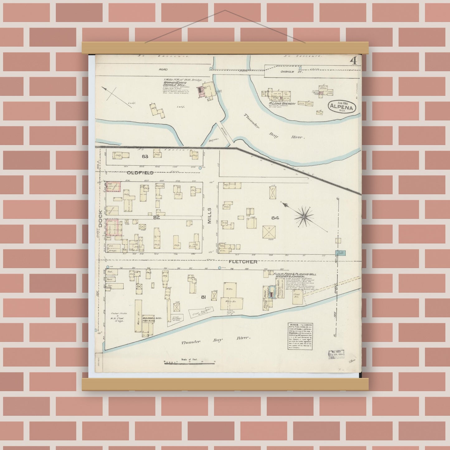 Old map wall art mockup — magnetic wood frame on brick wall — Sanborn Fire Insurance Map from Alpena, Alpena County, Michigan (1884), Sheet #0004