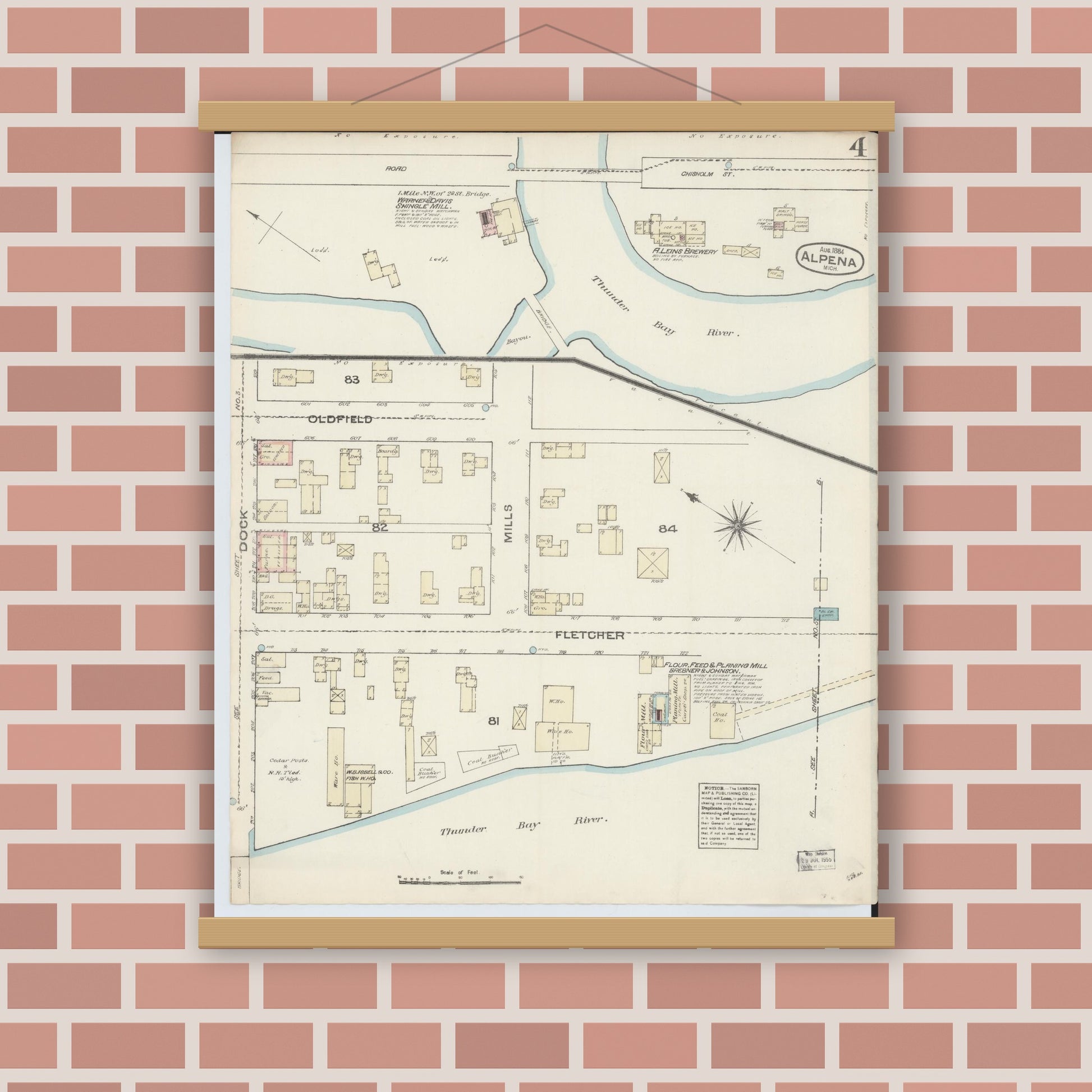Old map wall art mockup — magnetic wood frame on brick wall — Sanborn Fire Insurance Map from Alpena, Alpena County, Michigan (1884), Sheet #0004