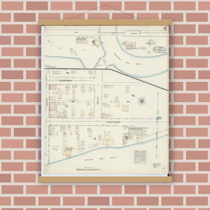 Old map wall art mockup — magnetic wood frame on brick wall — Sanborn Fire Insurance Map from Alpena, Alpena County, Michigan (1884), Sheet #0004