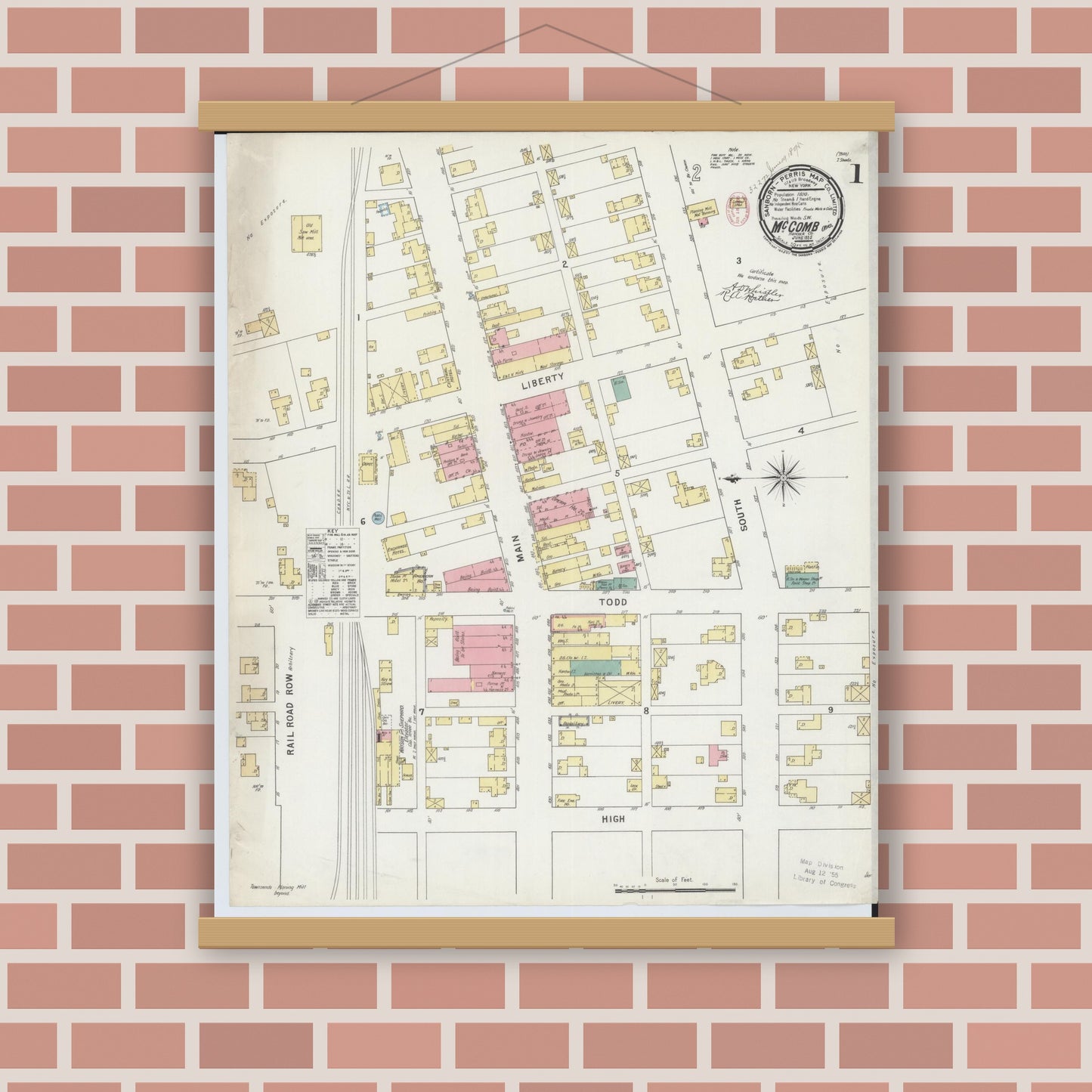 Old map wall art mockup — magnetic wood frame on brick wall — Sanborn Fire Insurance Map from McComb, Hancock County, Ohio (1885), Sheet #0001