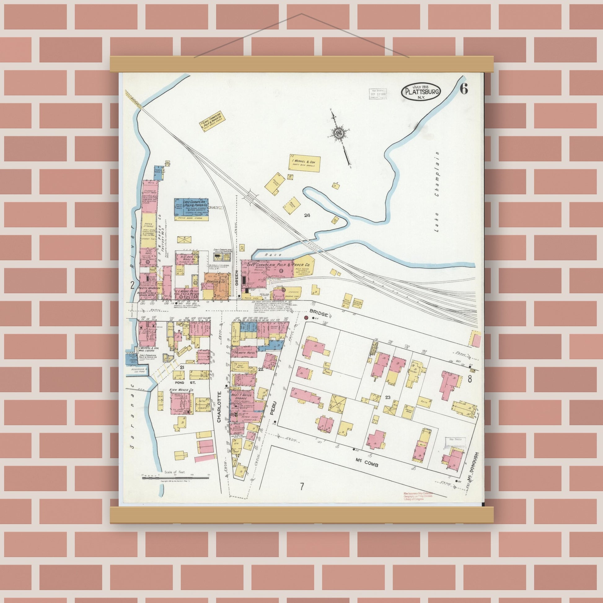Old map wall art mockup — magnetic wood frame on brick wall — Sanborn Fire Insurance Map from Plattsburg, Clinton County, New York (1918), Sheet #0006