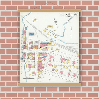 Old map wall art mockup — magnetic wood frame on brick wall — Sanborn Fire Insurance Map from Plattsburg, Clinton County, New York (1918), Sheet #0006