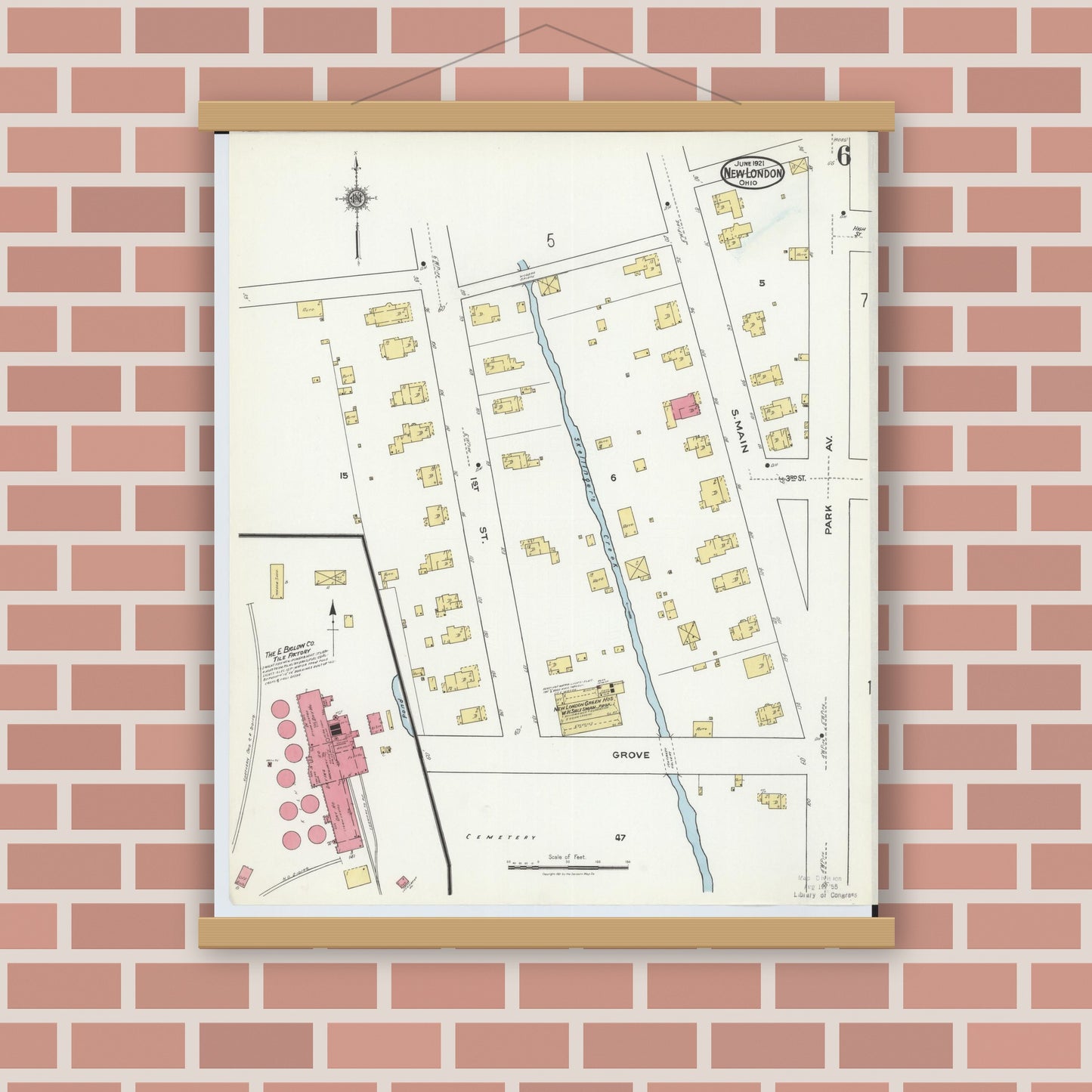 Old map wall art mockup — magnetic wood frame on brick wall — Sanborn Fire Insurance Map from New London, Huron County, Ohio (1921), Sheet #0006