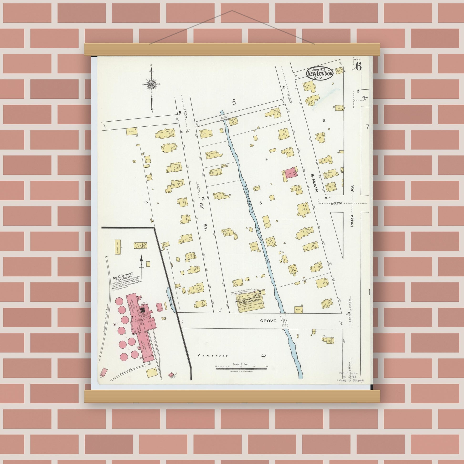 Old map wall art mockup — magnetic wood frame on brick wall — Sanborn Fire Insurance Map from New London, Huron County, Ohio (1921), Sheet #0006