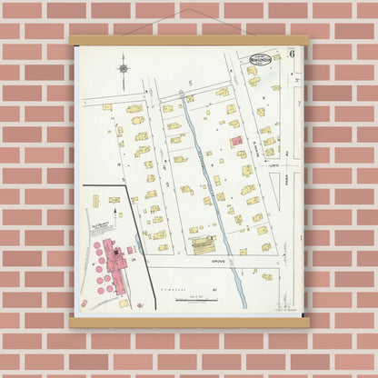 Old map wall art mockup — magnetic wood frame on brick wall — Sanborn Fire Insurance Map from New London, Huron County, Ohio (1921), Sheet #0006