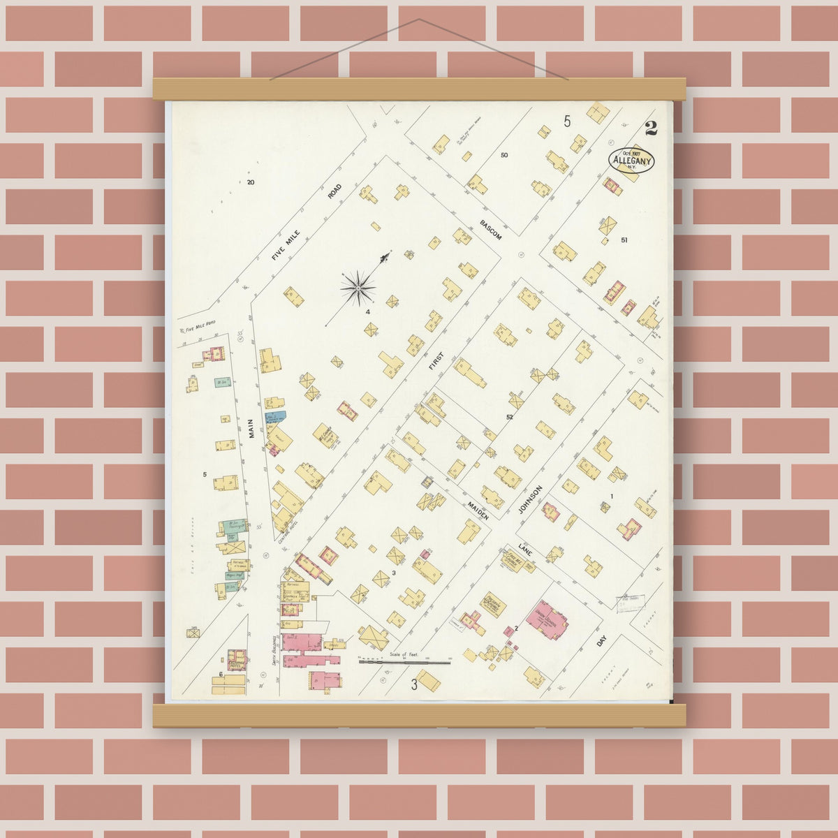 Old map wall art mockup — magnetic wood frame on brick wall — Sanborn Fire Insurance Map from Allegany, Cattaraugus County, New York (1907), Sheet #0002