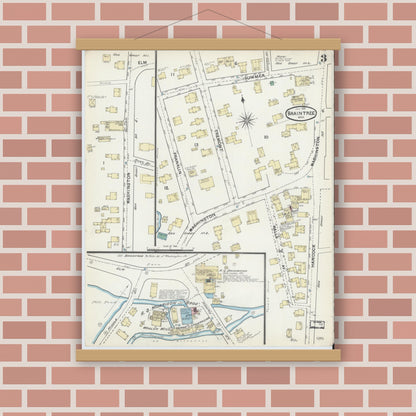Old map wall art mockup — magnetic wood frame on brick wall — Sanborn Fire Insurance Map from Braintree, Norfolk County, Massachusetts (1891), Sheet #0003