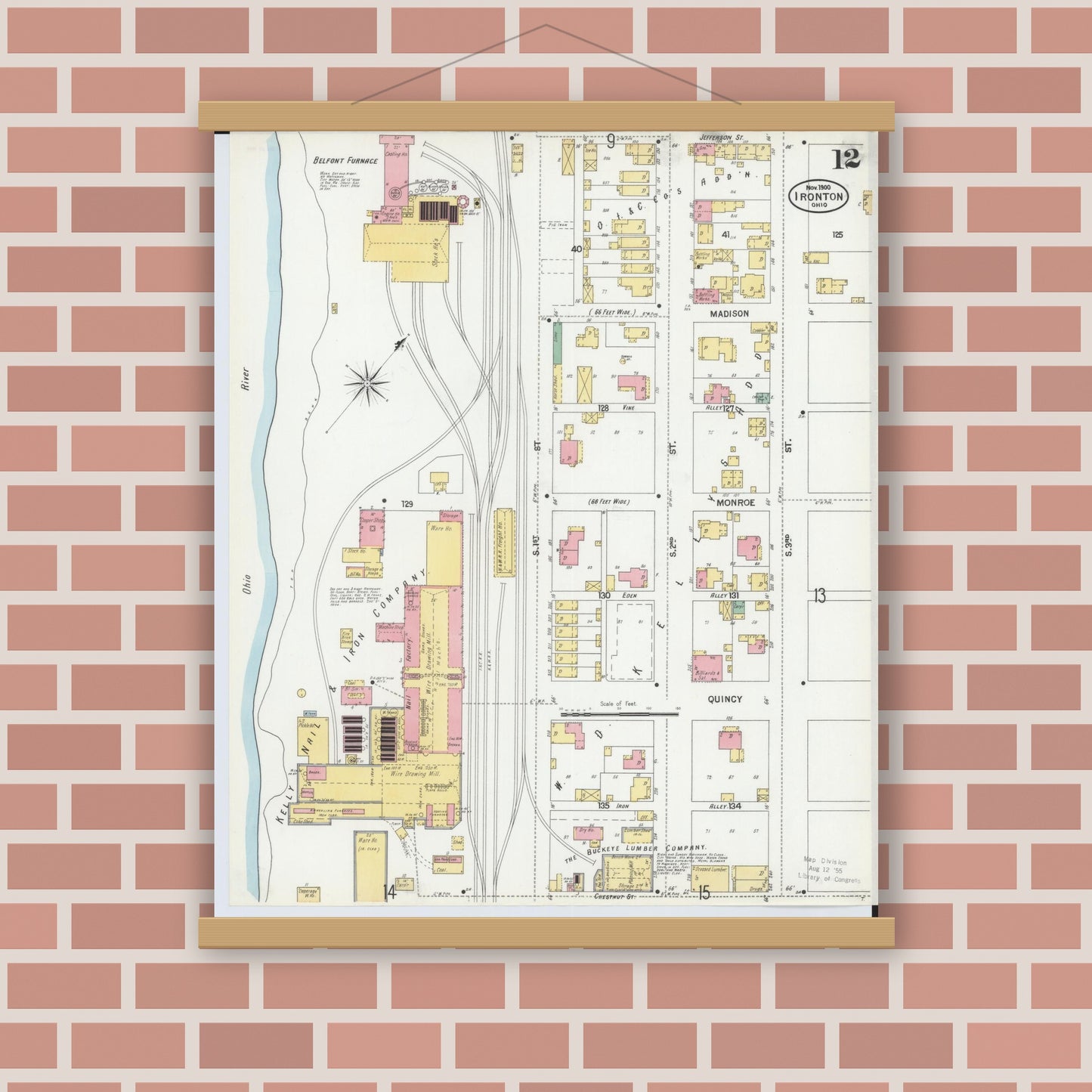 Old map wall art mockup — magnetic wood frame on brick wall — Sanborn Fire Insurance Map from Ironton, Lawrence County, Ohio (1900), Sheet #0012