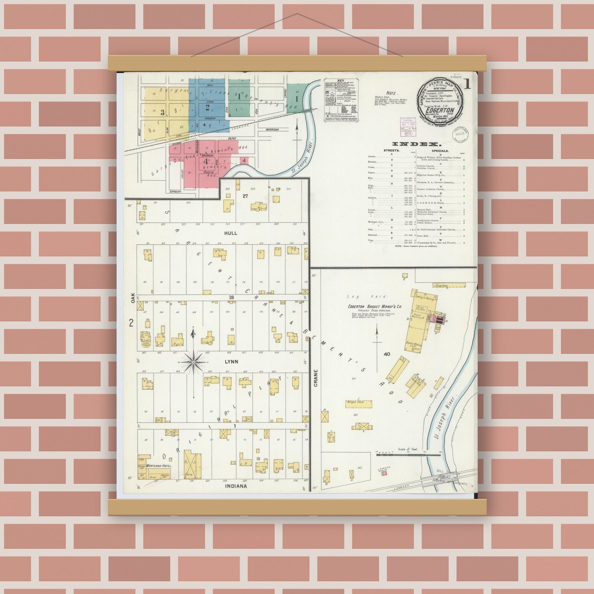 Old map wall art mockup — magnetic wood frame on brick wall — Sanborn Fire Insurance Map from Edgerton, Williams County, Ohio (1901), Sheet #0001