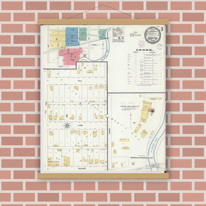 Old map wall art mockup — magnetic wood frame on brick wall — Sanborn Fire Insurance Map from Edgerton, Williams County, Ohio (1901), Sheet #0001