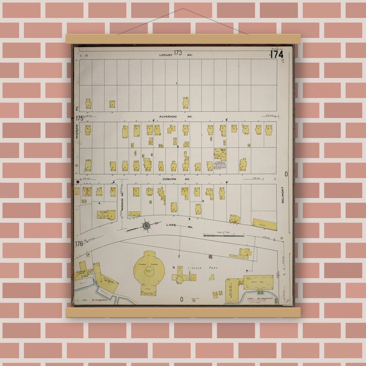 Old map wall art mockup — magnetic wood frame on brick wall — Sanborn Fire Insurance Map from Worcester, Worcester County, Massachusetts (1910), Sheet #0174