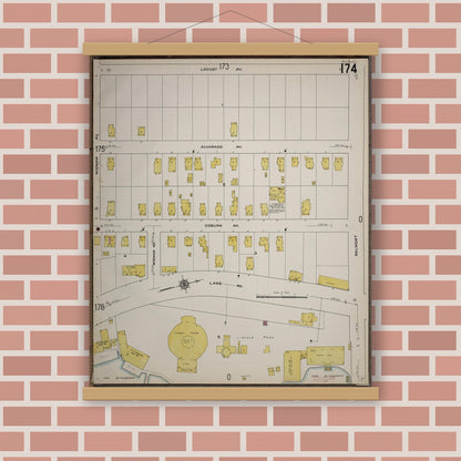 Old map wall art mockup — magnetic wood frame on brick wall — Sanborn Fire Insurance Map from Worcester, Worcester County, Massachusetts (1910), Sheet #0174