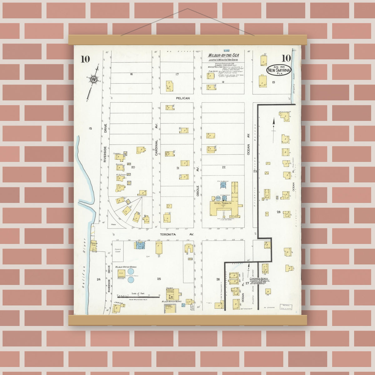 Old map wall art mockup — magnetic wood frame on brick wall — Sanborn Fire Insurance Map from New Smyrna, Valusia County, Florida (1924), Sheet #0010