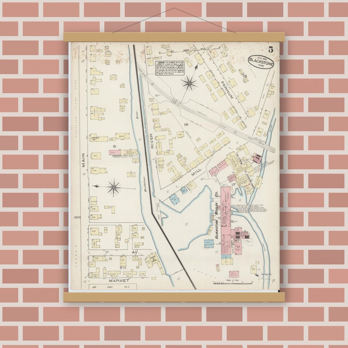Old map wall art mockup — magnetic wood frame on brick wall — Sanborn Fire Insurance Map from Blackstone, Worcester County, Massachusetts (1885), Sheet #0005