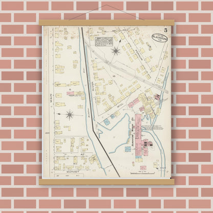 Old map wall art mockup — magnetic wood frame on brick wall — Sanborn Fire Insurance Map from Blackstone, Worcester County, Massachusetts (1885), Sheet #0005