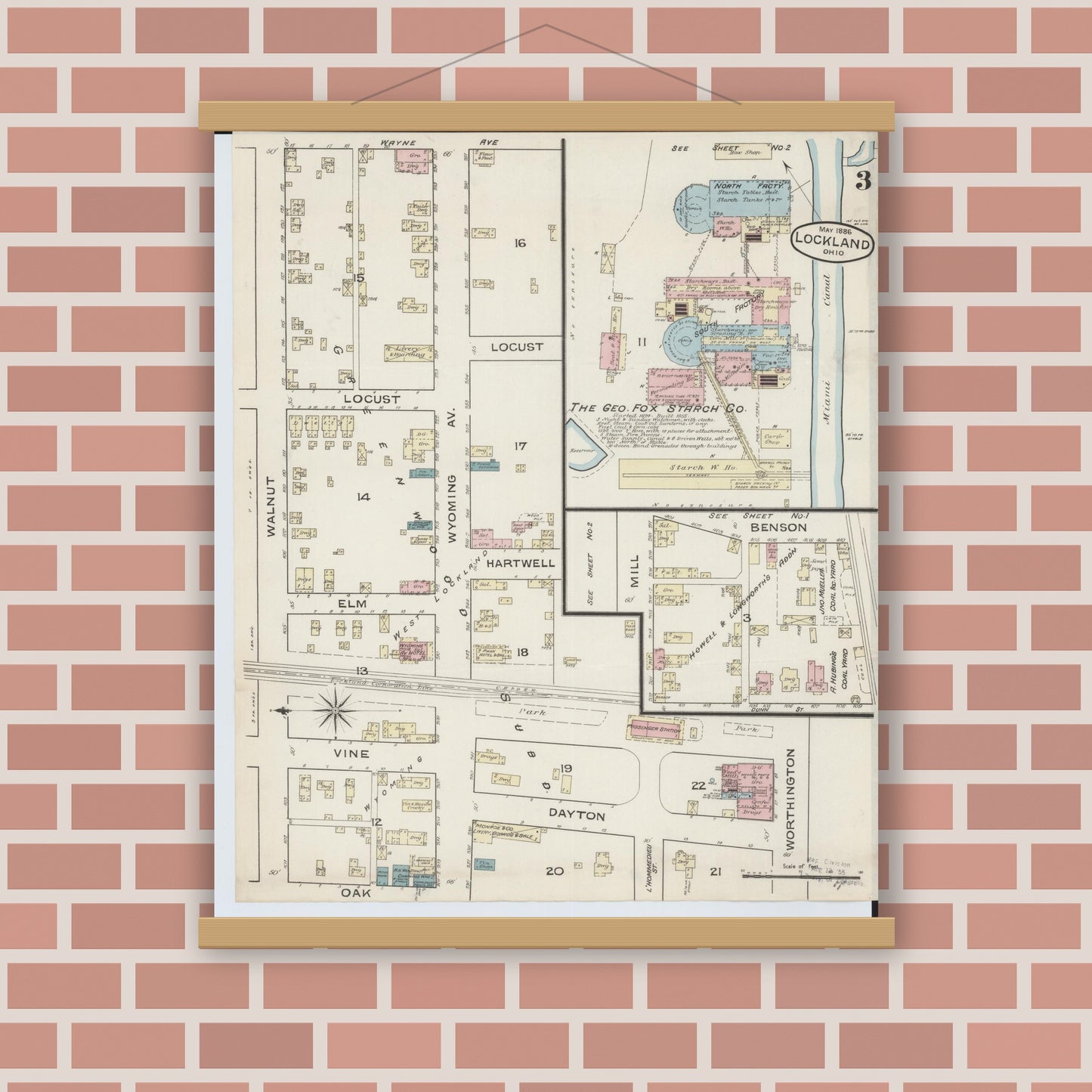 Old map wall art mockup — magnetic wood frame on brick wall — Sanborn Fire Insurance Map from Lockland, Hamilton County, Ohio (1886), Sheet #0003