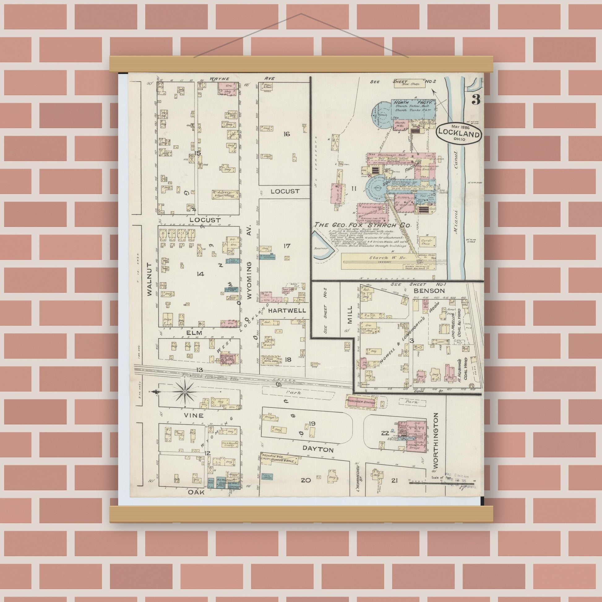 Old map wall art mockup — magnetic wood frame on brick wall — Sanborn Fire Insurance Map from Lockland, Hamilton County, Ohio (1886), Sheet #0003